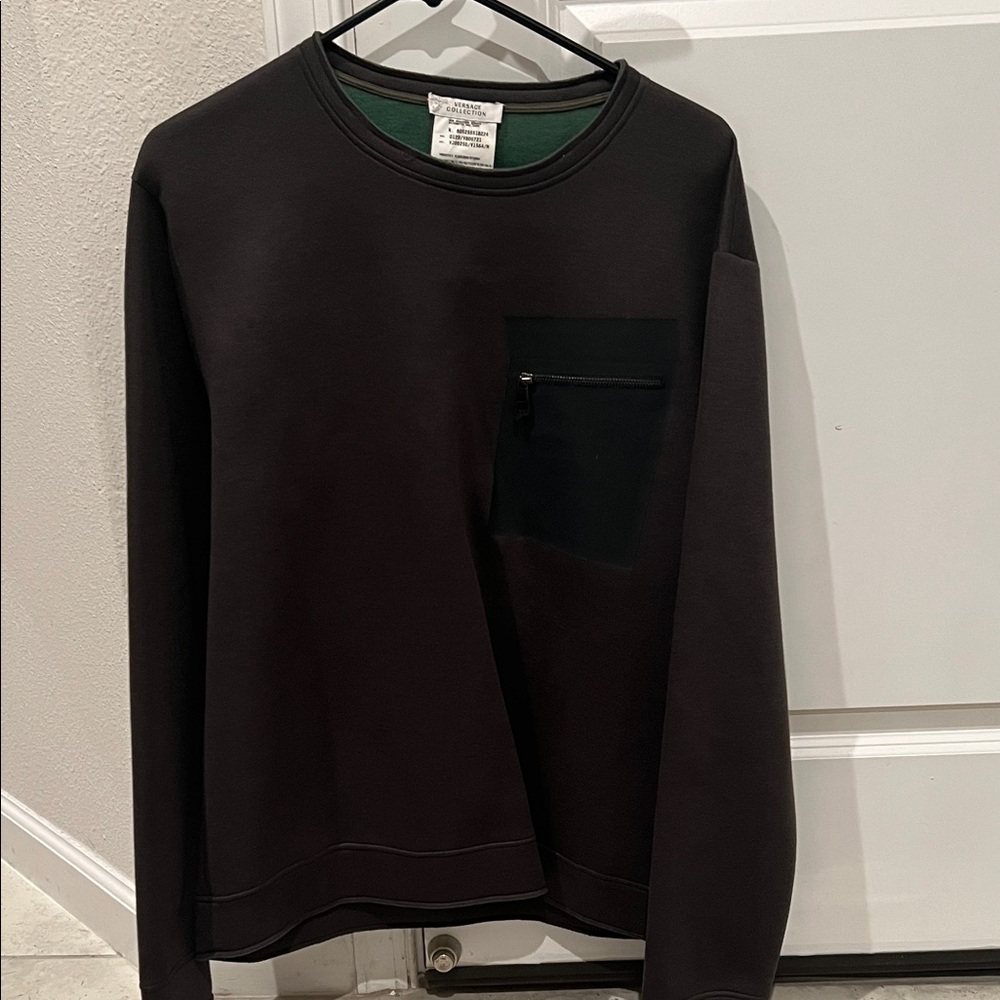 Dark Green Versace Collection Crew Neck Sweater with Pocket